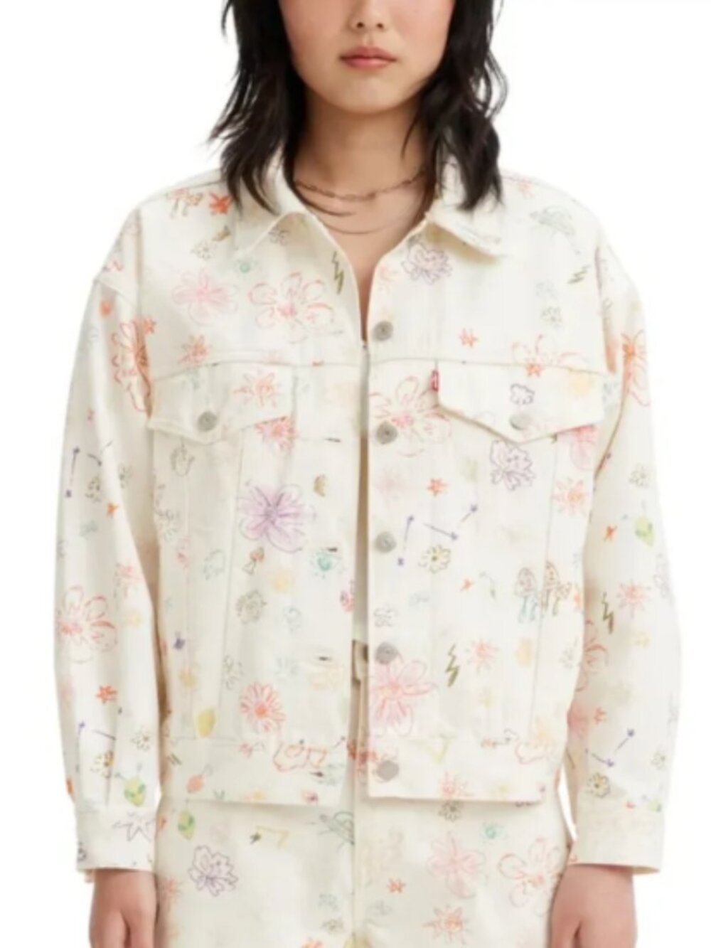 Levis Denim Trucker Jacket Womens Medium White Doodle Print 90s Oversized EUC